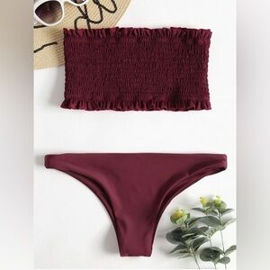 Ruffle Smocked Bandeau Bikini Set in RED WINE Size M